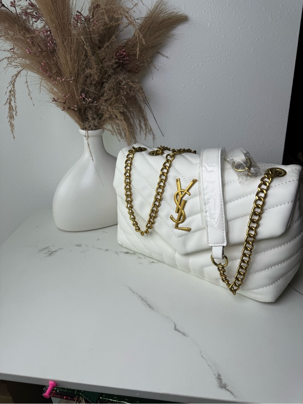 Saint Laurent White Quilted Mini Shoulder Bag with Gold YSL Chain